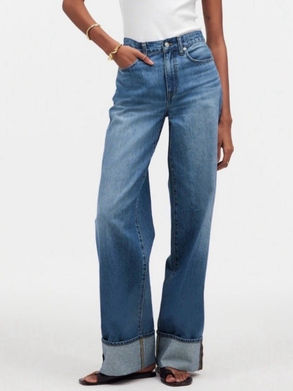 Madewell Super Wide Leg Jeans 24 Medium Wash Cuffed Y2K 90s